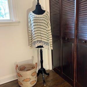Boho cream and olive sweater with lace detail - size large